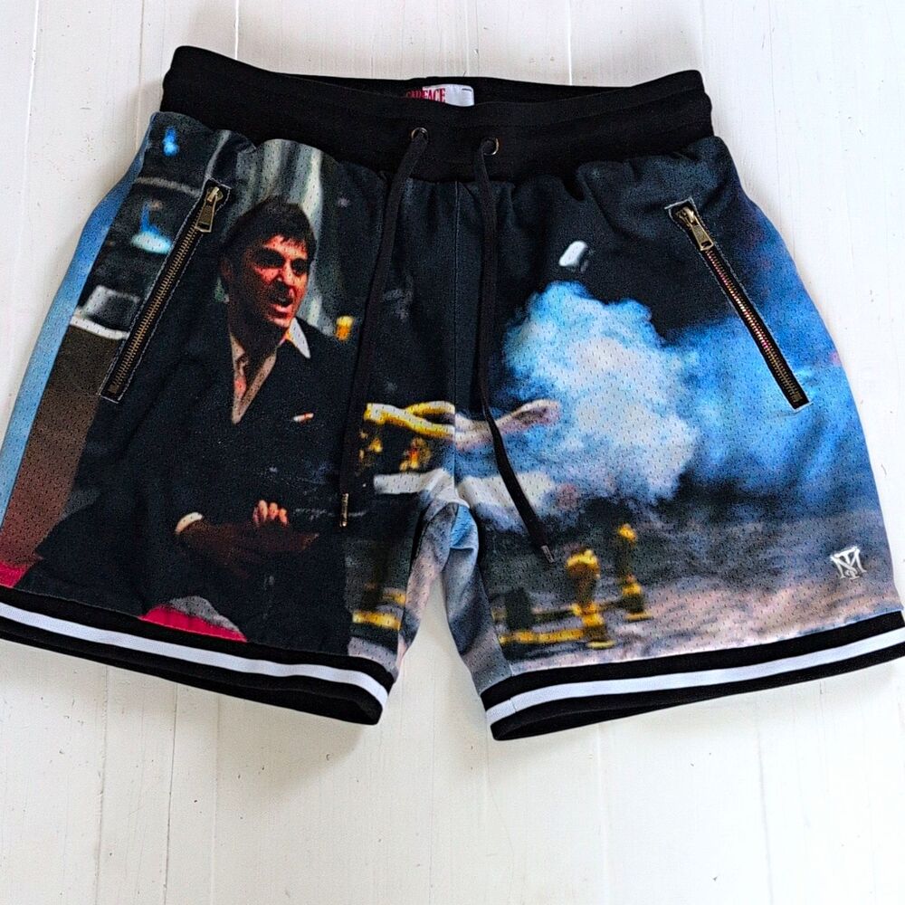 Shoe Palace Men's Scarface Graphic Mesh Shorts Drawstring Zipper Pockets M